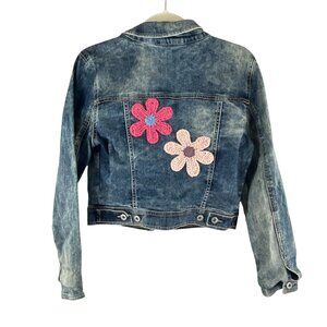 Arizona Jeans Girls Denim Jacket Size L Floral Embroidery Crochet Patchwork